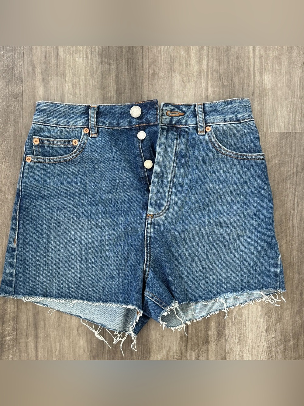 ASOS Classic High-Waist Blue Denim Shorts with Frayed Hem
